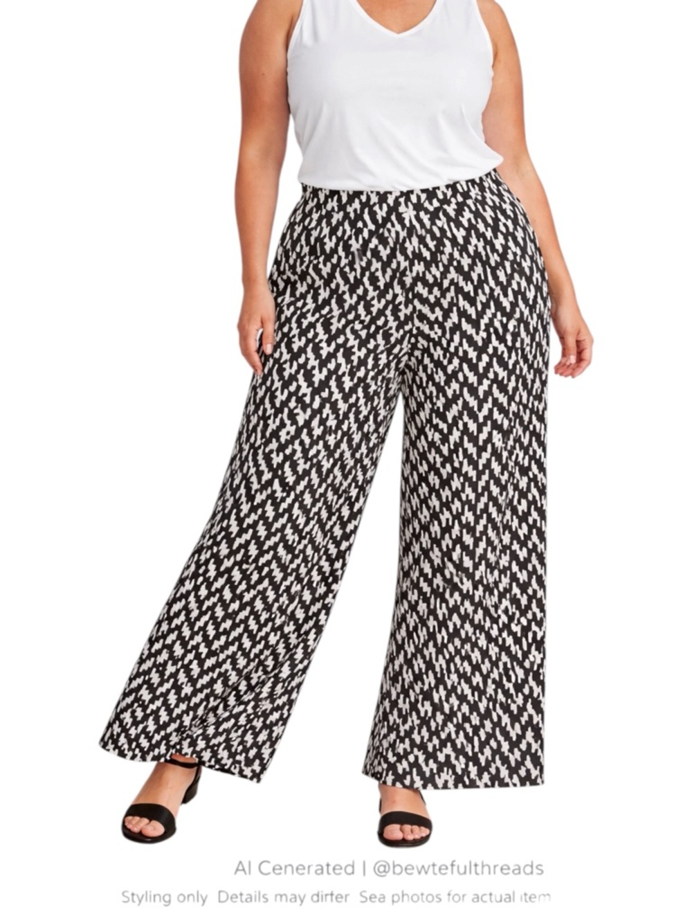 Resort Cruise Palazzo Pants Black White Graphic Wide Leg Pull On 1X